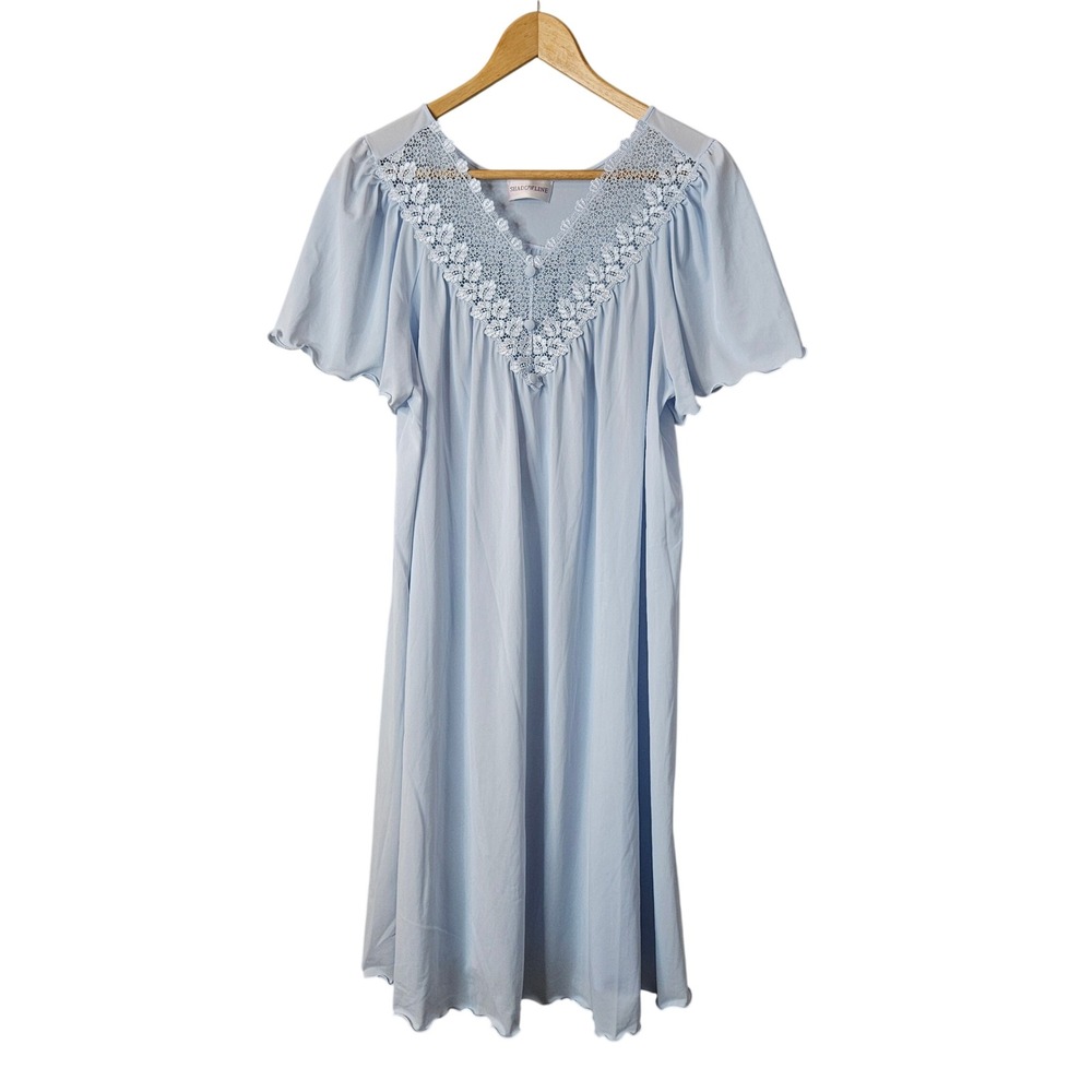 Shadowline Vtg Blue Nylon Lace Trim Nightgown Short Sleeve Medium Made in USA